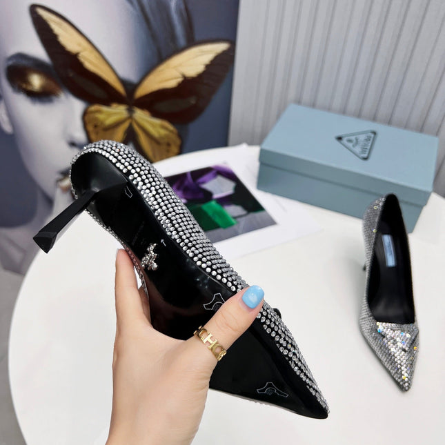 PRADA 26S POINTED TOE PUMPS STILETTO HEEL 95MM IN CRYSTAL EMBELLISHED STYLE 1
