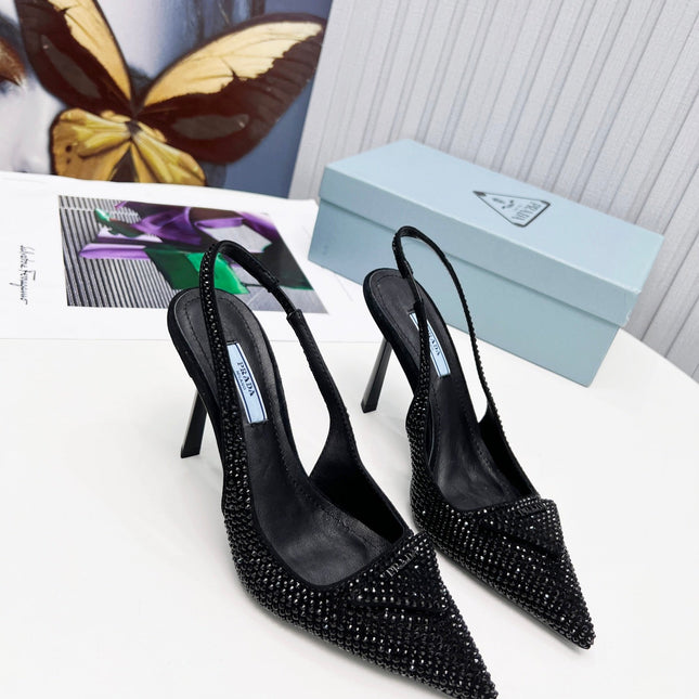 PRADA 26S SLINGBACK PUMPS STILETTO HEEL 95MM IN CRYSTAL EMBELLISHED STYLE 2