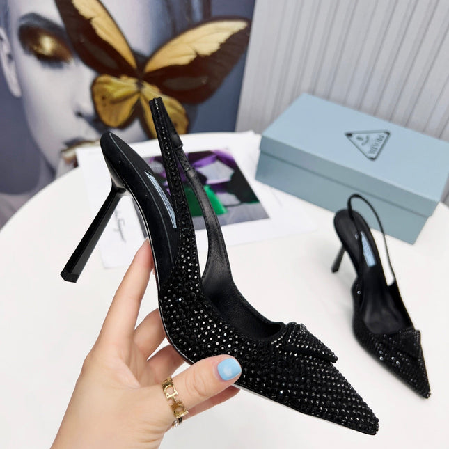PRADA 26S SLINGBACK PUMPS STILETTO HEEL 95MM IN CRYSTAL EMBELLISHED STYLE 2