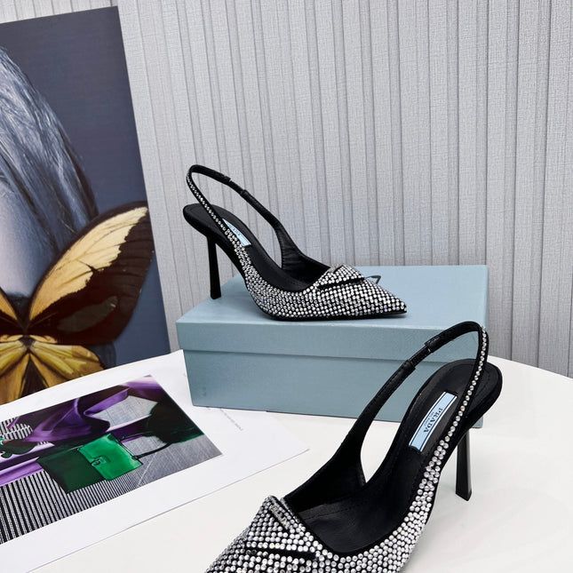 PRADA 26S SLINGBACK PUMPS STILETTO HEEL 95MM IN CRYSTAL EMBELLISHED STYLE 1