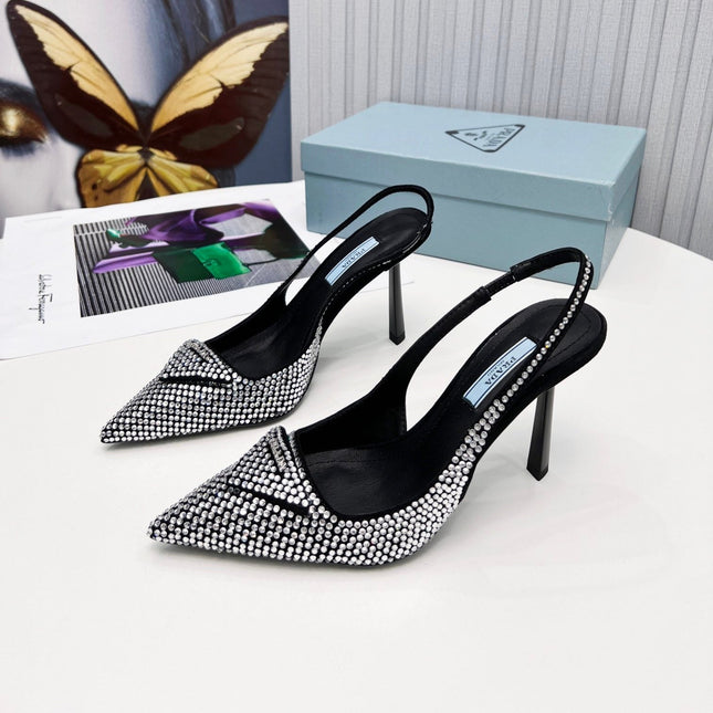 PRADA 26S SLINGBACK PUMPS STILETTO HEEL 95MM IN CRYSTAL EMBELLISHED STYLE 1