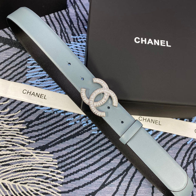 CHANEL 25S BELT 30 MM IN GREY BLUE CALFSKIN WITH SILVER HARDWARE 615102