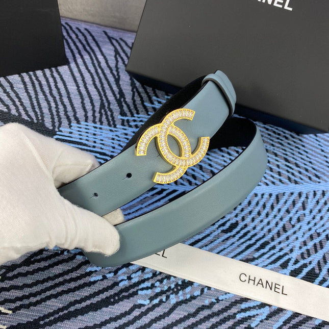 CHANEL 25S BELT 30 MM IN GREY BLUE CALFSKIN WITH GOLD HARDWARE 615102