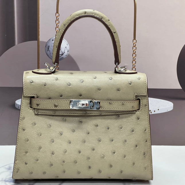 KELLY BAG 20 IN KHAKI TAN OSTRICH LEATHER WITH SILVER HARDWARE