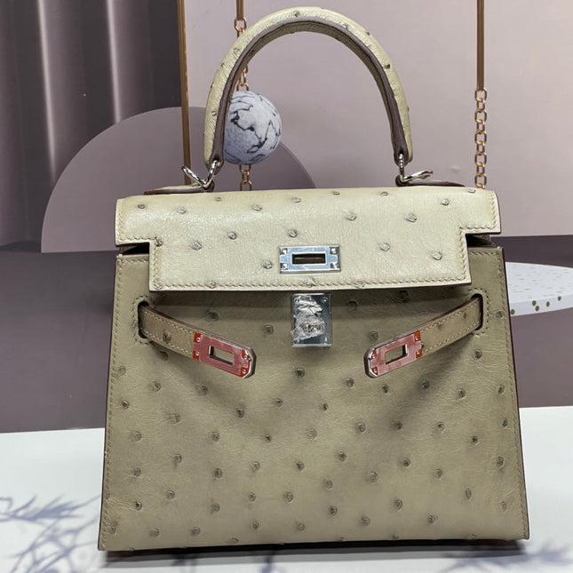 KELLY BAG 20 IN KHAKI TAN OSTRICH LEATHER WITH SILVER HARDWARE
