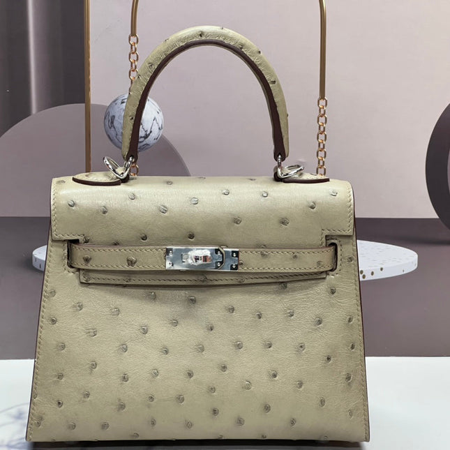 KELLY BAG 20 IN KHAKI TAN OSTRICH LEATHER WITH SILVER HARDWARE