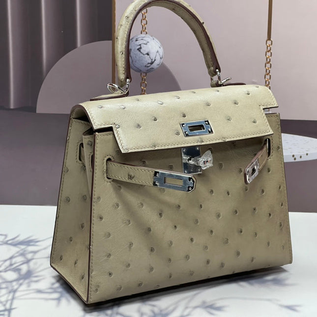 KELLY BAG 20 IN KHAKI TAN OSTRICH LEATHER WITH SILVER HARDWARE