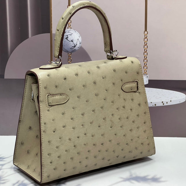 KELLY BAG 20 IN KHAKI TAN OSTRICH LEATHER WITH SILVER HARDWARE