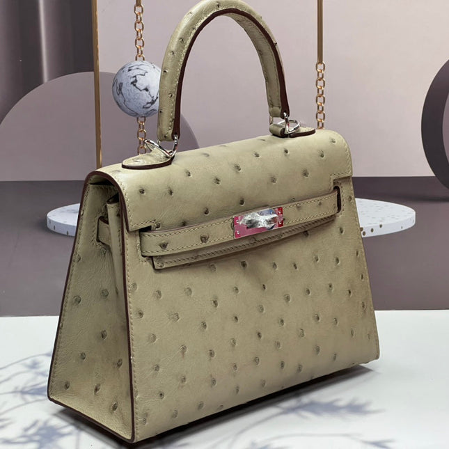 KELLY BAG 20 IN KHAKI TAN OSTRICH LEATHER WITH SILVER HARDWARE