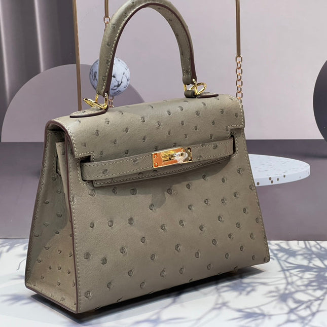 KELLY BAG 20 IN KHAKI BEIGE OSTRICH LEATHER WITH GOLD HARDWARE