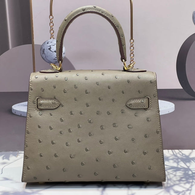 KELLY BAG 20 IN KHAKI BEIGE OSTRICH LEATHER WITH GOLD HARDWARE