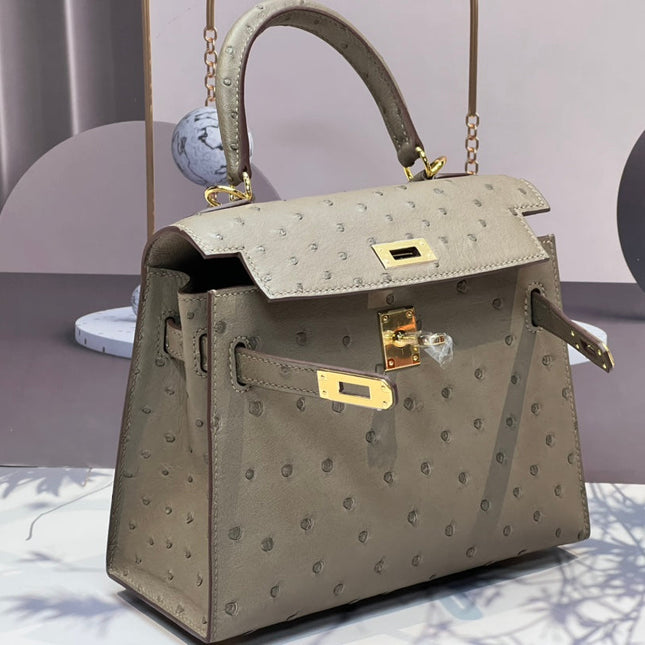 KELLY BAG 20 IN KHAKI BEIGE OSTRICH LEATHER WITH GOLD HARDWARE