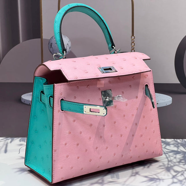 KELLY BAG 20 IN FLAMINGO PINK MIX CYAN BLUE OSTRICH LEATHER WITH SILVER HARDWARE