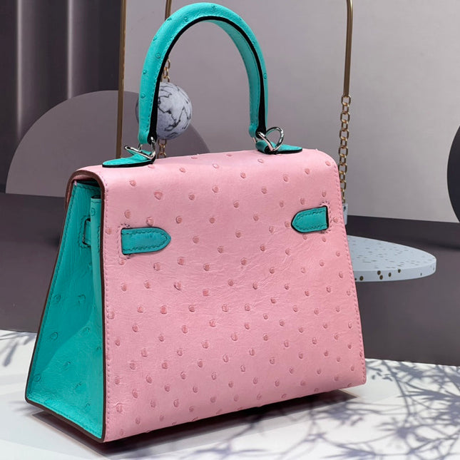 KELLY BAG 20 IN FLAMINGO PINK MIX CYAN BLUE OSTRICH LEATHER WITH SILVER HARDWARE