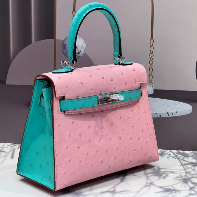KELLY BAG 20 IN FLAMINGO PINK MIX CYAN BLUE OSTRICH LEATHER WITH SILVER HARDWARE