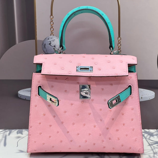 KELLY BAG 20 IN FLAMINGO PINK MIX CYAN BLUE OSTRICH LEATHER WITH SILVER HARDWARE