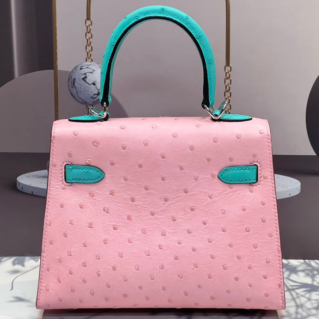 KELLY BAG 20 IN FLAMINGO PINK MIX CYAN BLUE OSTRICH LEATHER WITH SILVER HARDWARE