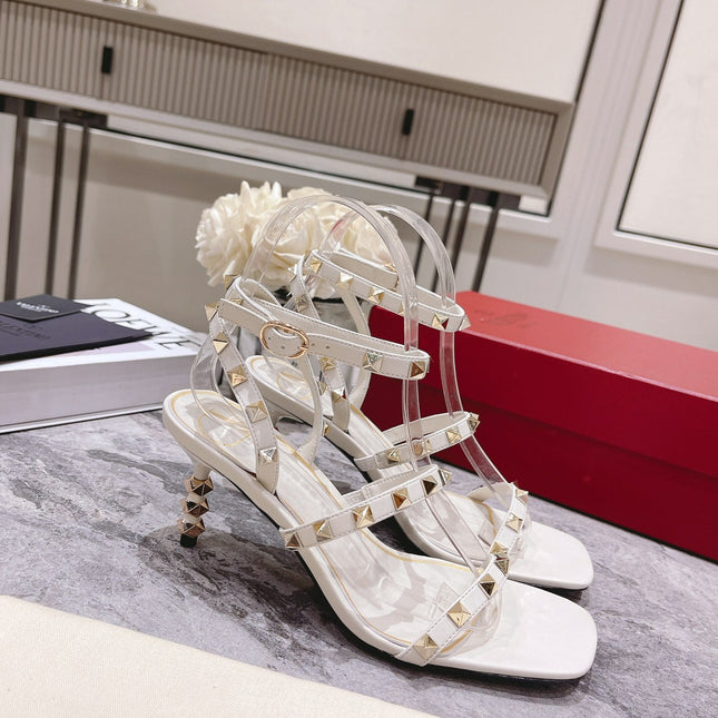 HIGH HEEL 6 CM SANDAL IN WHITE LAMBSKIN WITH STUDS