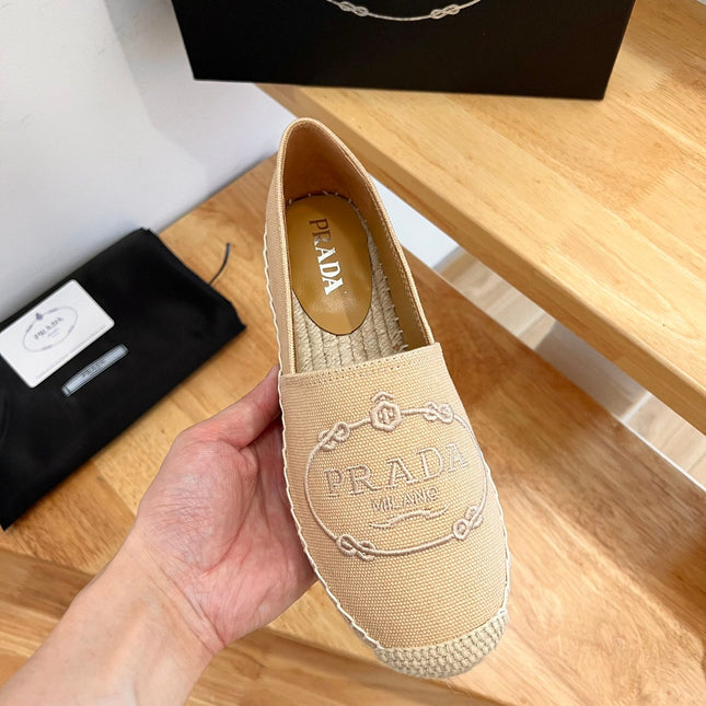 PRADA 26S EMBROIDERED LOGO ESPADRILLE FLATS IN BEIGE CANVAS