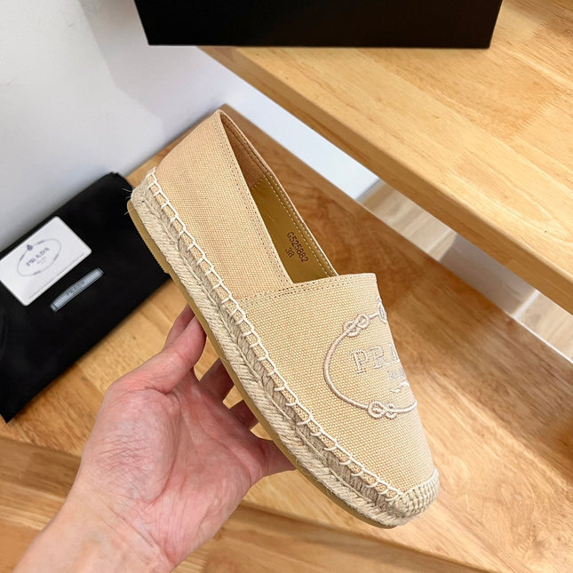 PRADA 26S EMBROIDERED LOGO ESPADRILLE FLATS IN BEIGE CANVAS