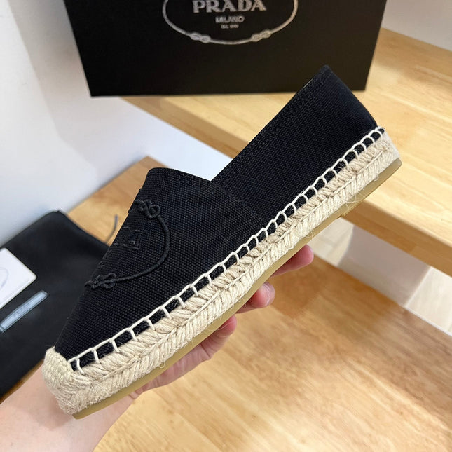PRADA 26S EMBROIDERED LOGO ESPADRILLE FLATS IN BLACK CANVAS