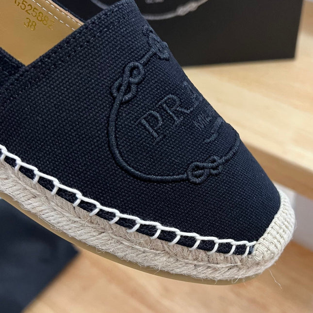 PRADA 26S EMBROIDERED LOGO ESPADRILLE FLATS IN BLACK CANVAS