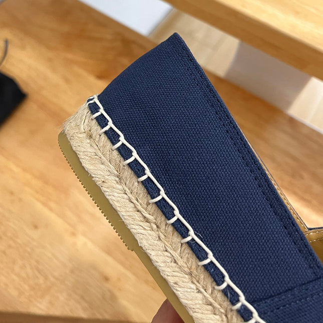 PRADA 26S EMBROIDERED LOGO ESPADRILLE FLATS IN NAVY BLUE CANVAS