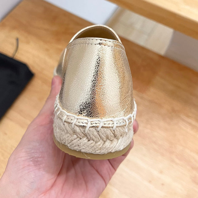 PRADA 26S EMBROIDERED LOGO ESPADRILLE FLATS IN GOLD CALFSKIN