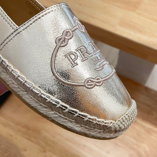 PRADA 26S EMBROIDERED LOGO ESPADRILLE FLATS IN GOLD CALFSKIN