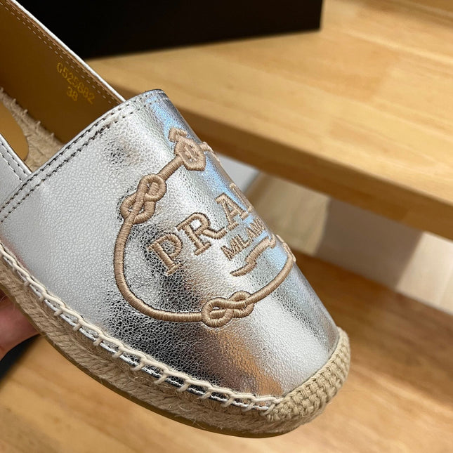 PRADA 26S EMBROIDERED LOGO ESPADRILLE FLATS IN SILVER CALFSKIN