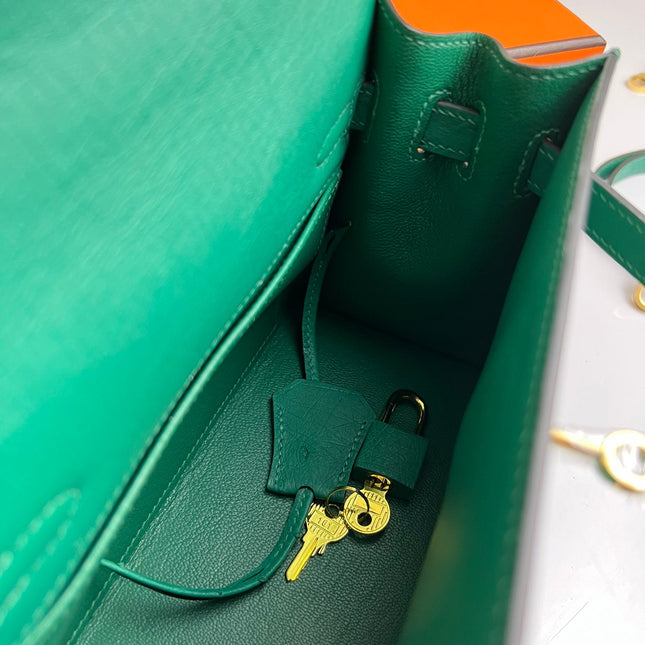 KELLY BAG 20 IN TEAL GREEN OSTRICH LEATHER WITH GOLD HARDWARE