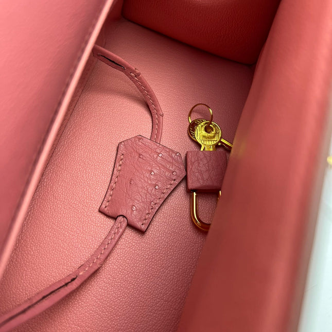 KELLY BAG 20 IN ROUGE PINK OSTRICH LEATHER WITH GOLD HARDWARE