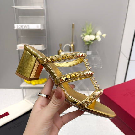 VALENTINO 26S ROCKSTUD STRAPPY BLOCK HEEL SLIDE SANDALS IN GOLD CALFSKIN