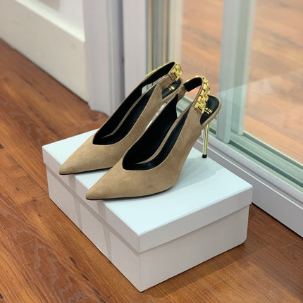 BALMAIN 26S SLINGBACK 95 MM IN LIGHT BROWN SUEDE WITH GOLD HARDWARE