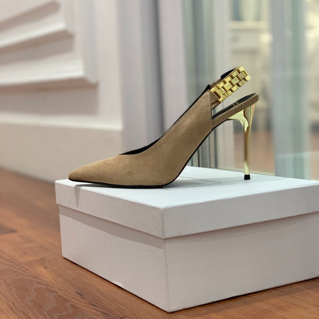 BALMAIN 26S SLINGBACK 95 MM IN LIGHT BROWN SUEDE WITH GOLD HARDWARE