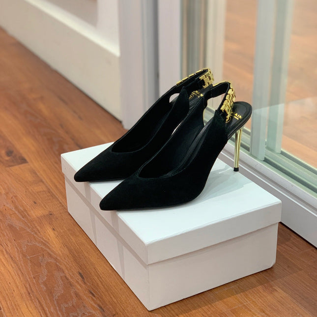 BALMAIN 26S SLINGBACK 95 MM IN BLACK SUEDE WITH GOLD HARDWARE