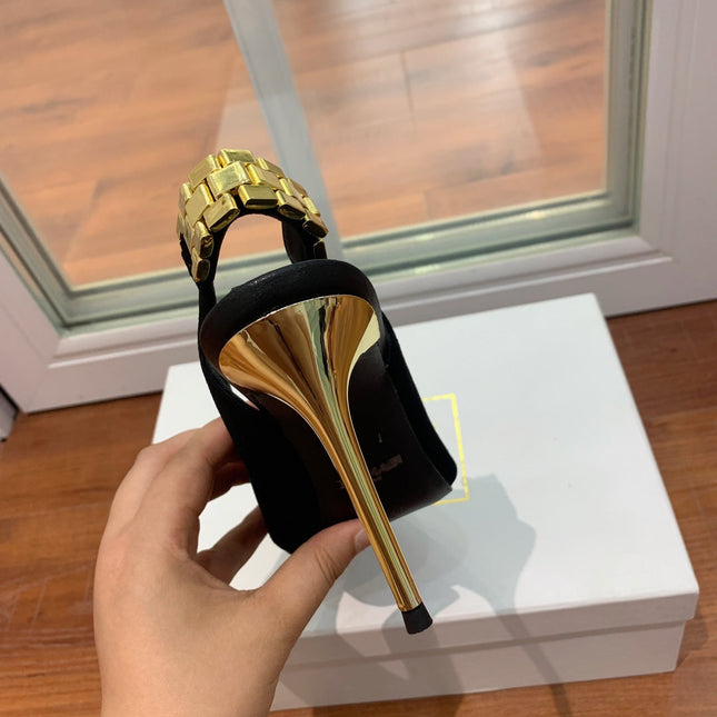 BALMAIN 26S SLINGBACK 95 MM IN BLACK SUEDE WITH GOLD HARDWARE