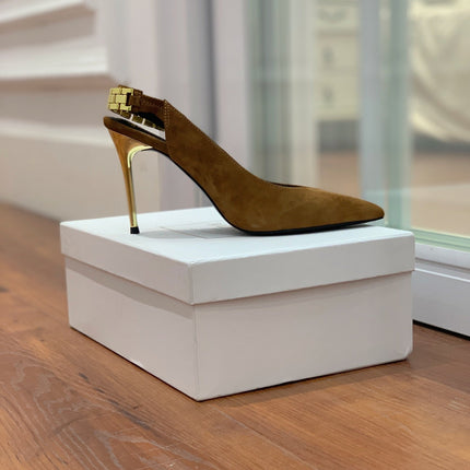BALMAIN 26S SLINGBACK 95 MM IN BROWN SUEDE WITH GOLD HARDWARE