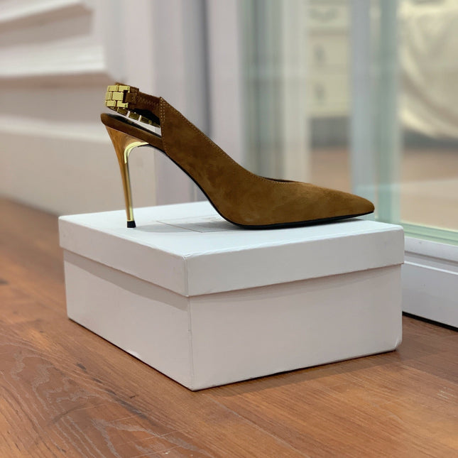 BALMAIN 26S SLINGBACK 95 MM IN BROWN SUEDE WITH GOLD HARDWARE