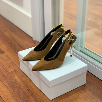 BALMAIN 26S SLINGBACK 95 MM IN BROWN SUEDE WITH GOLD HARDWARE