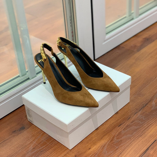 BALMAIN 26S SLINGBACK 95 MM IN BROWN SUEDE WITH GOLD HARDWARE