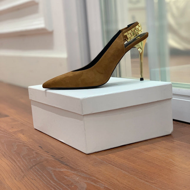 BALMAIN 26S SLINGBACK 95 MM IN BROWN SUEDE WITH GOLD HARDWARE