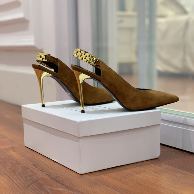 BALMAIN 26S SLINGBACK 95 MM IN BROWN SUEDE WITH GOLD HARDWARE