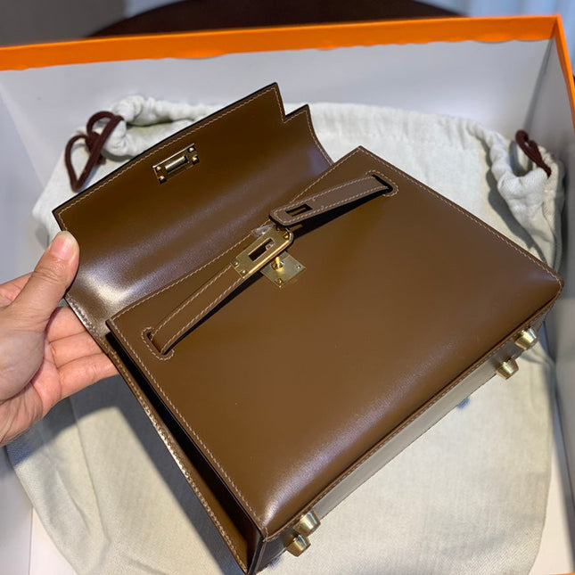 KELLY MINI 20 BAG IN CHOCOLATE BROWN SMOOTH CALFSKIN WITH GOLD HARDWARE