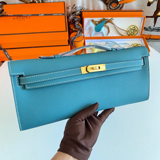 KELLY CUT 31 IN AZURE BLUE CALFSKIN WITH GOLD HARDWARE
