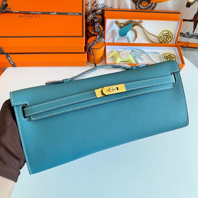 KELLY CUT 31 IN AZURE BLUE CALFSKIN WITH GOLD HARDWARE
