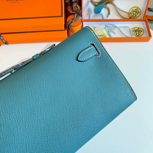 KELLY CUT 31 IN AZURE BLUE CALFSKIN WITH SILVER HARDWARE