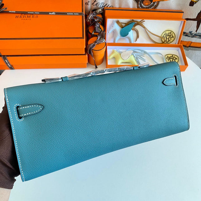 KELLY CUT 31 IN AZURE BLUE CALFSKIN WITH SILVER HARDWARE