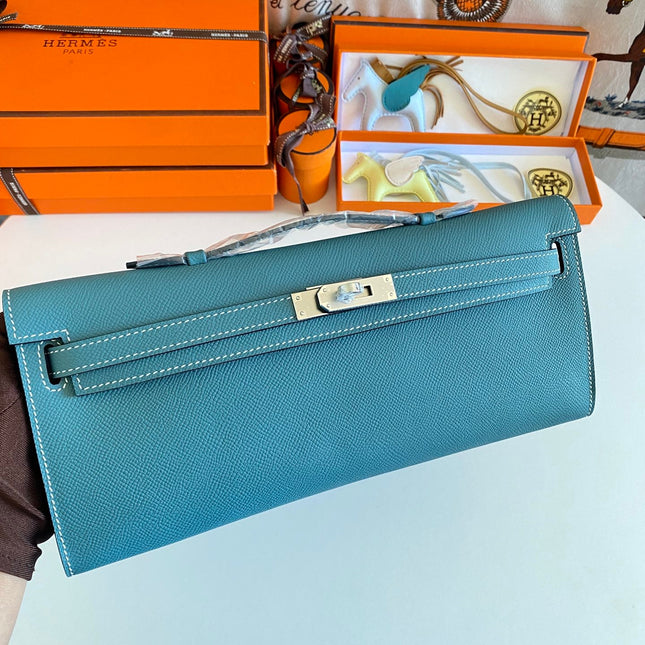 KELLY CUT 31 IN AZURE BLUE CALFSKIN WITH SILVER HARDWARE