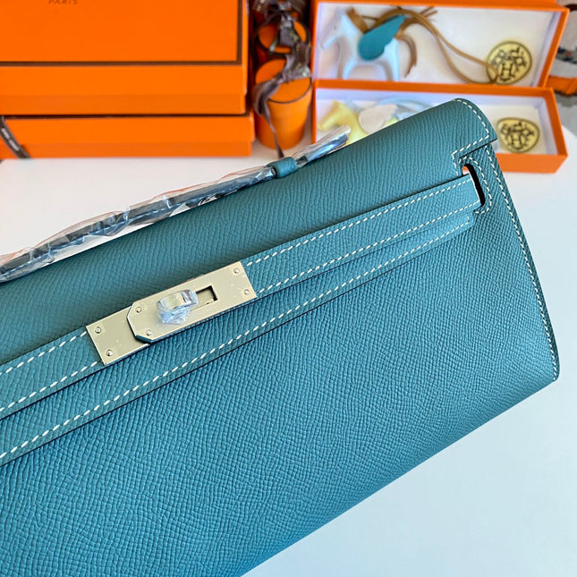 KELLY CUT 31 IN AZURE BLUE CALFSKIN WITH SILVER HARDWARE